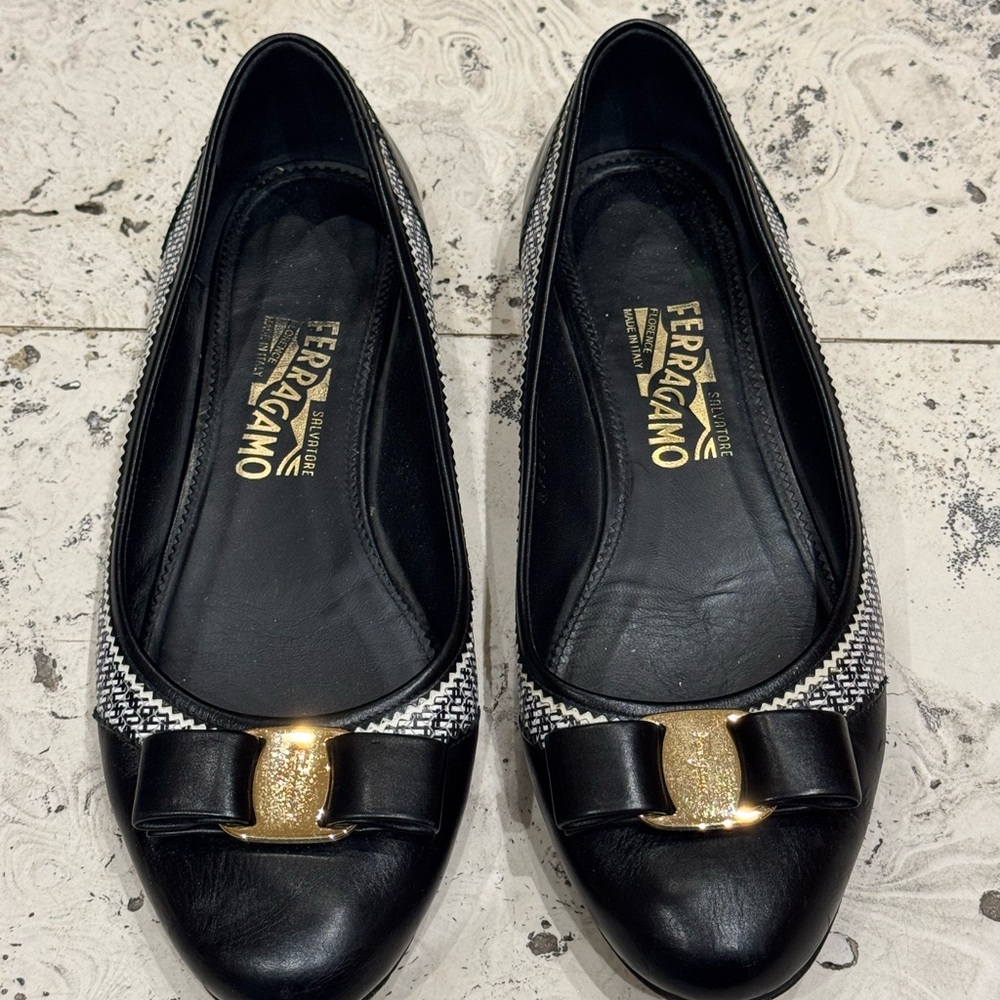 Salvatore Ferragamo Black and Gold Flats